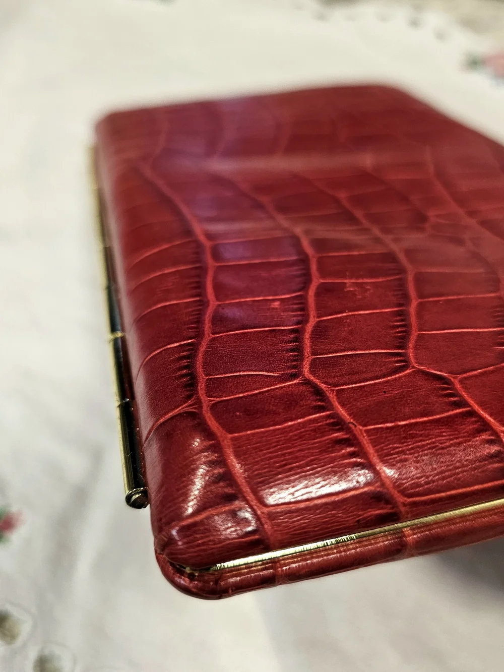 Vintage Red ABAS Genuine Leather Wallet Croc Embossed Frame Clutch Organizer
